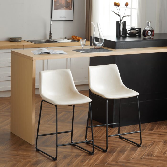 Retro style 24inch armless industrial faux leather counter stool with metal legs and footrests (Set of 2) - Image 4