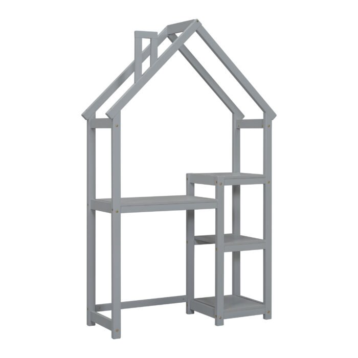 House-shaped Wooden writing Desk Kids study Table Bookshelf Gray - Image 8