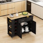 Multi Functional Kitchen Island Cart with Spice Rack and Towel Holder, Wine Rack and Foldable Table Top (Black) - Image 3