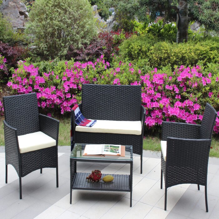 4 PC Rattan Patio Furniture Set Outdoor Patio Cushioned Seat Wicker Sofa (Beige Cushion) - Image 8