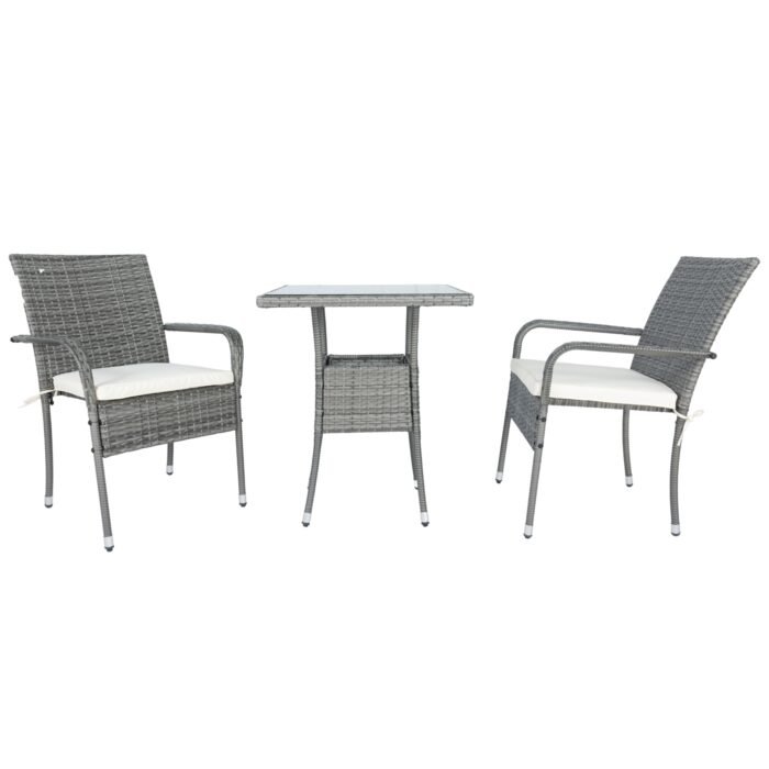 3 Piece Patio Wicker Conversation Set Grey Wicker + white Cushion - Image 5