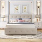 Upholstered Platform Bed with 2 Drawers and 1 Twin XL Trundle  Queen Size