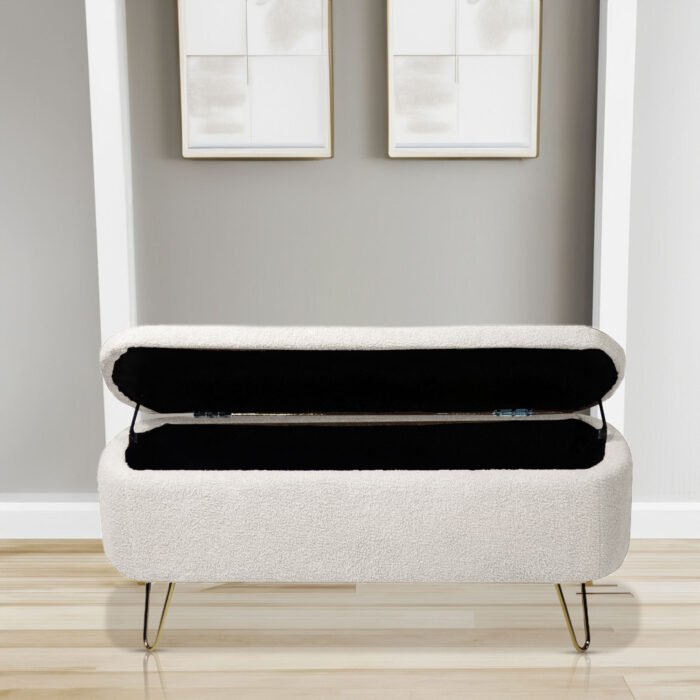 Ivory White Storage Ottoman Bench for End of Bed with Gold Legs - Image 9