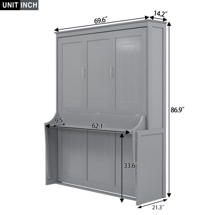 Queen Size Murphy Bed with a Shelf, Gray - Image 15