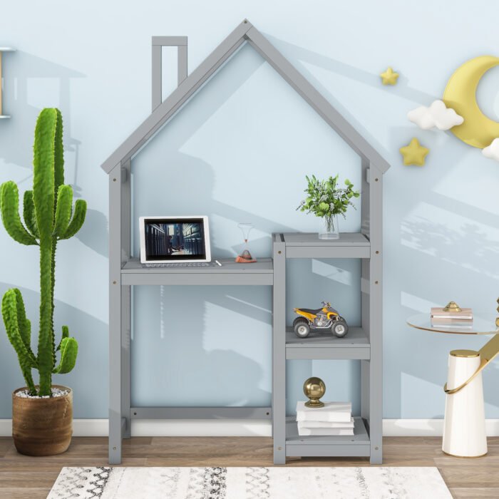 House-shaped Wooden writing Desk Kids study Table Bookshelf Gray - Image 3
