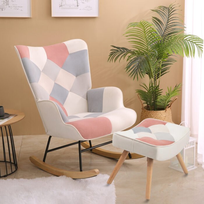 Rocking Chair with ottoman Fabric with Wooden Legs and Patchwork Linen - Image 2