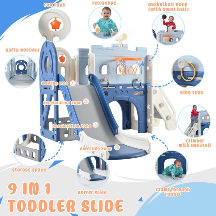 9 in 1 Toddler Slide Set for Toddlers Ages 1+ with Basketball Hoop, Tunnel and Storage Space, Pirate Ship and Themed Slide - Image 4