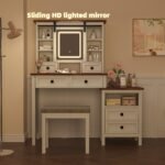 46.5-inch dressing table with adjustable LED lighting mirror and charging station and soft cushioned stool - Image 4