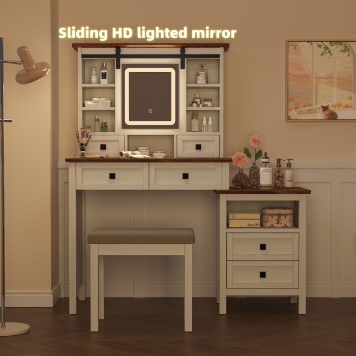 46.5-inch dressing table with adjustable LED lighting mirror and charging station and soft cushioned stool - Image 4