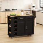 Multi Functional Kitchen Island Cart with Spice Rack and Towel Holder, Wine Rack and Foldable Table Top (Black) - Image 4