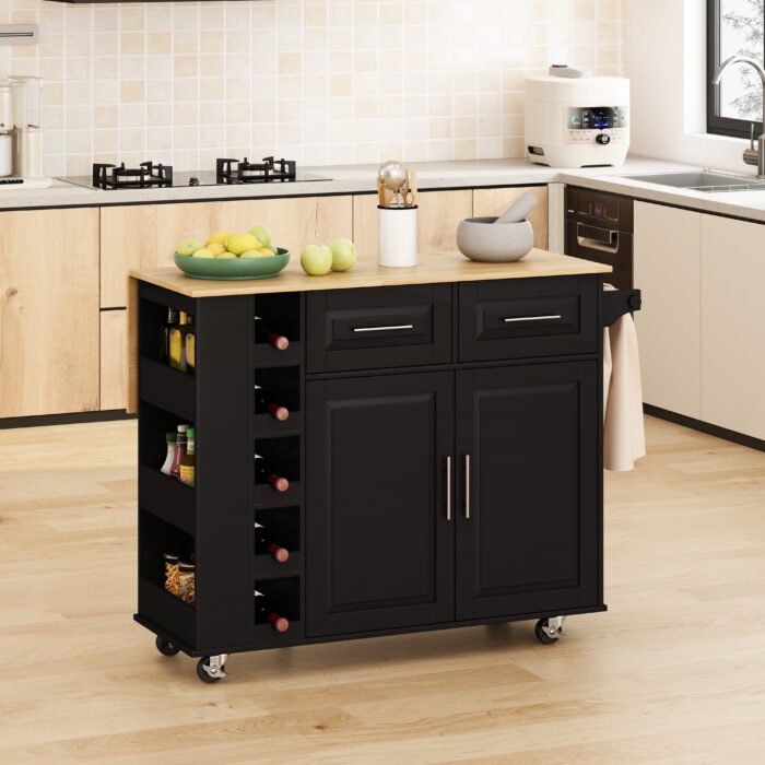 Multi Functional Kitchen Island Cart with Spice Rack and Towel Holder, Wine Rack and Foldable Table Top (Black) - Image 4