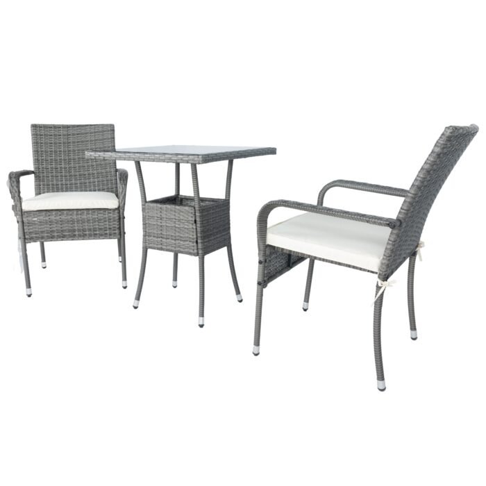 3 Piece Patio Wicker Conversation Set Grey Wicker + white Cushion - Image 4