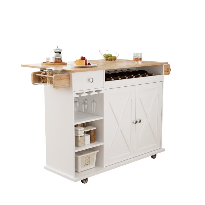 Kitchen Island Cart with Solid Wood Top, Wine Storage, Spice Rack, Towel Rack and Wine Glass Holder - Image 12