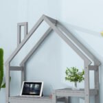 House-shaped Wooden writing Desk Kids study Table Bookshelf Gray - Image 5