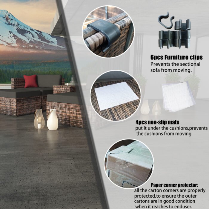 5 Pieces Outdoor Patio Garden Brown Wicker Sectional Conversation Sofa Set - Image 8