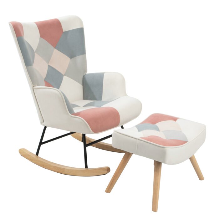 Rocking Chair with ottoman Fabric with Wooden Legs and Patchwork Linen - Image 4