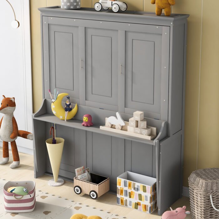 Queen Size Murphy Bed with a Shelf, Gray - Image 5