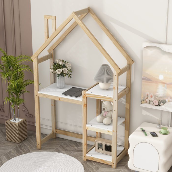 House-shaped Wooden writing Desk Kids study Table Bookshelf - Image 4