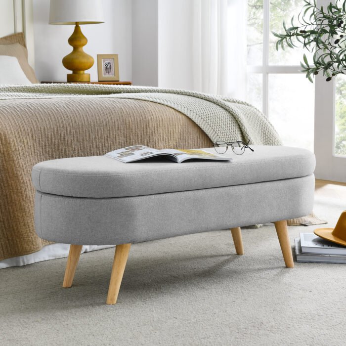 Ottoman Oval Storage Bench Rubber Wood Legs Grey - Image 5