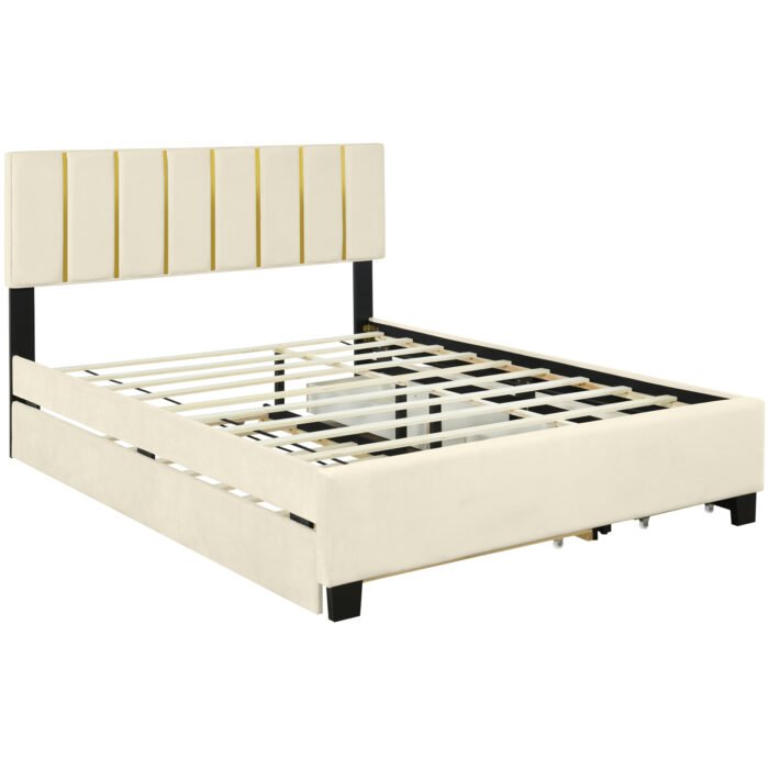 Queen Size Upholstered Platform Bed with 2 Drawers and 1 Trundle - Image 5