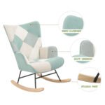 Rocking Chair with ottoman Fabric with Wooden Legs and Patchwork Linen - Image 5