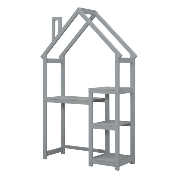 House-shaped Wooden writing Desk Kids study Table Bookshelf Gray - Image 7