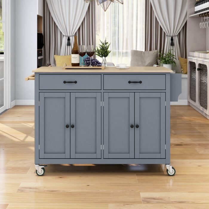 Kitchen Island Cart with Solid Wood Top and Locking Wheels (Gray) - Image 2