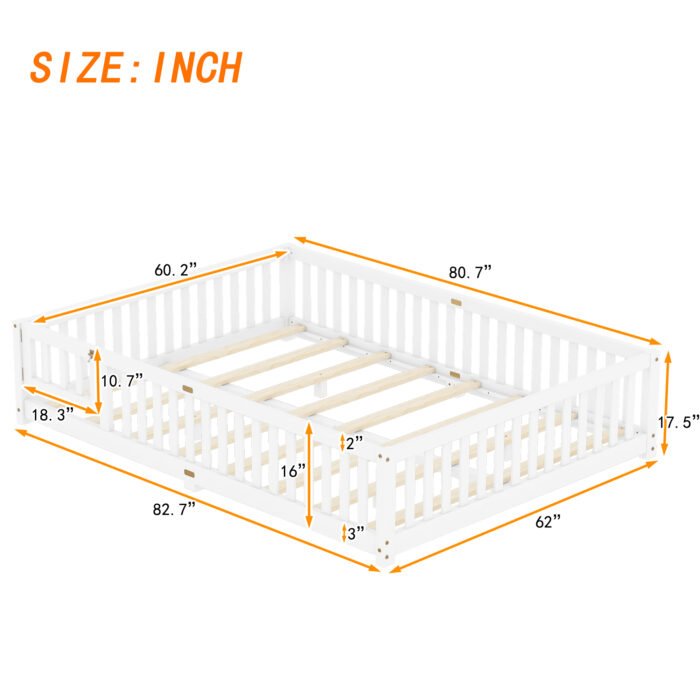 Queen Size Bed Floor Bed with Safety Guardrails and Door - Image 12