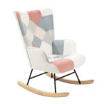 Rocking Chair with ottoman Fabric with Wooden Legs and Patchwork Linen - Image 5
