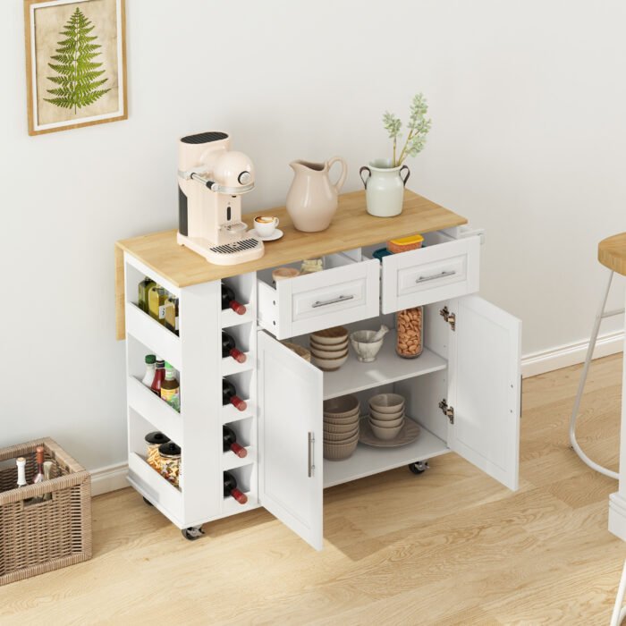 Multi Functional Kitchen Island Cart with Towel Holder, Wine Rack, and Foldable Table Top - Image 3