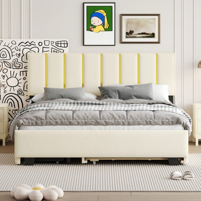 Queen Size Upholstered Platform Bed with 2 Drawers and 1 Trundle - Image 2