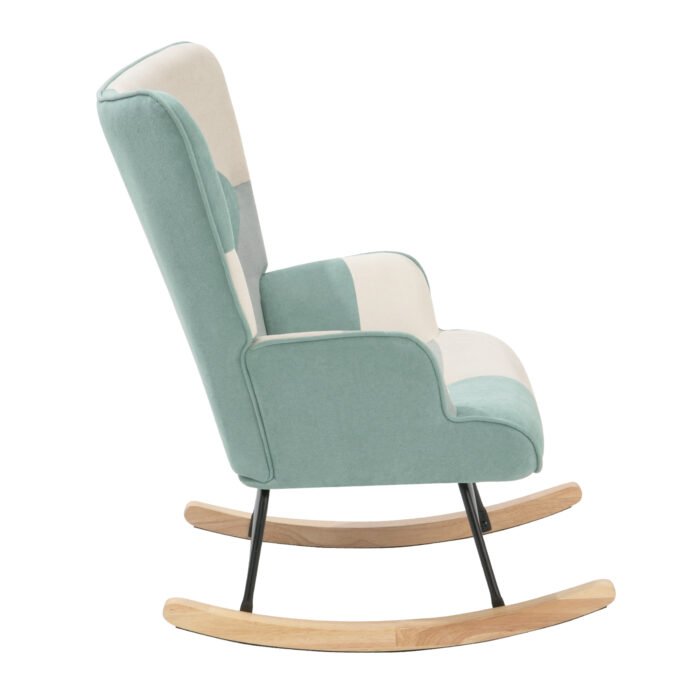 Rocking Chair with ottoman Fabric with Wooden Legs and Patchwork Linen - Image 7