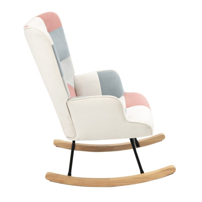 Rocking Chair with ottoman Fabric with Wooden Legs and Patchwork Linen - Image 6