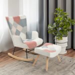Rocking Chair with ottoman Fabric with Wooden Legs and Patchwork Linen