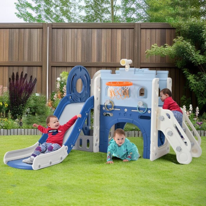 9 in 1 Toddler Slide Set for Toddlers Ages 1+ with Basketball Hoop, Tunnel and Storage Space, Pirate Ship and Themed Slide - Image 3