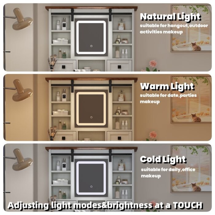 46.5-inch dressing table with adjustable LED lighting mirror and charging station and soft cushioned stool - Image 9