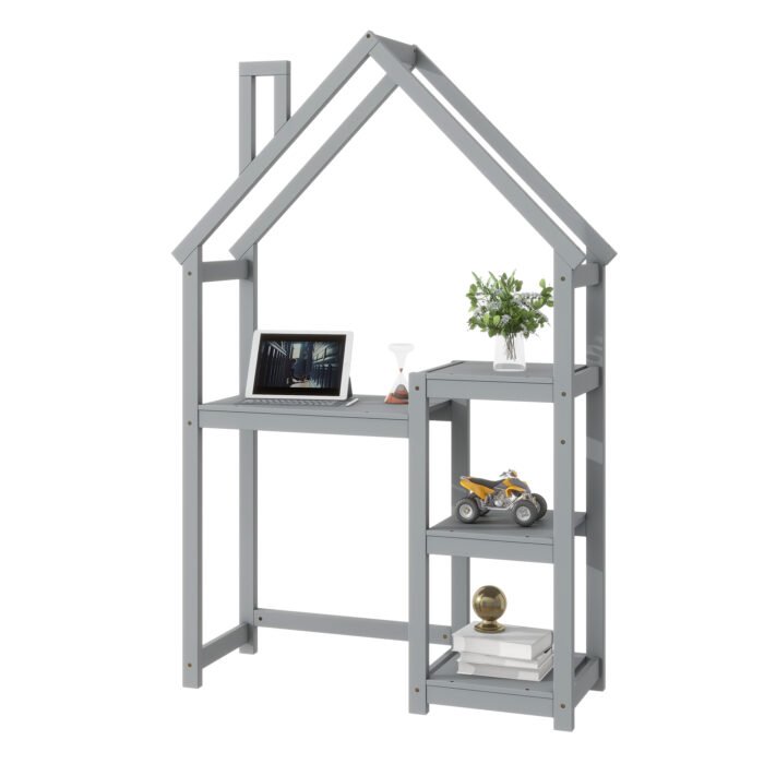 House-shaped Wooden writing Desk Kids study Table Bookshelf Gray - Image 12