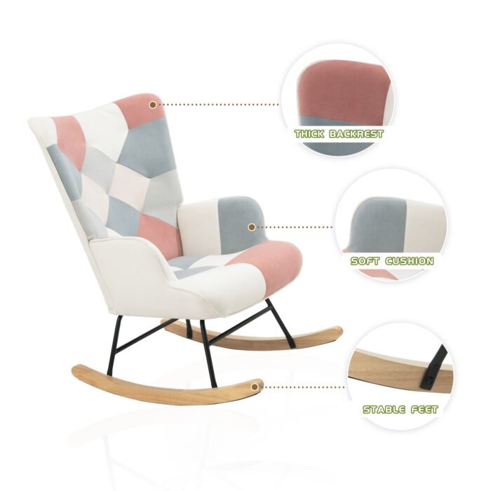 Rocking Chair with ottoman Fabric with Wooden Legs and Patchwork Linen - Image 8