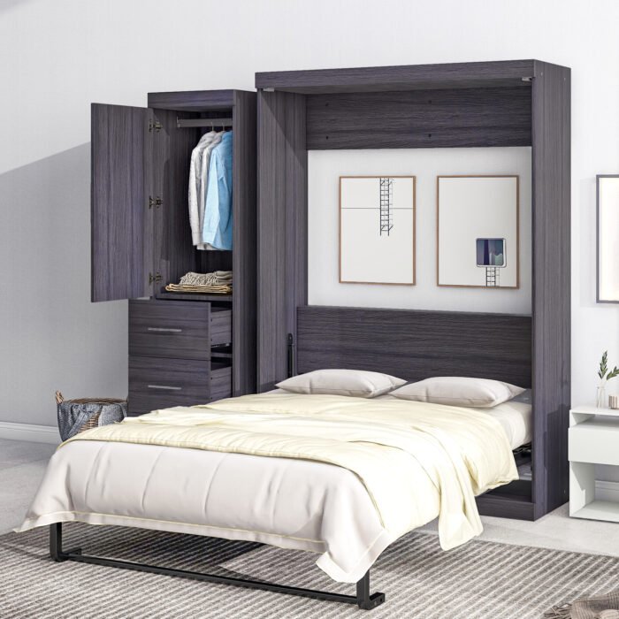 Full Size Murphy Bed with Wardrobe and Drawers,  Gray - Image 4