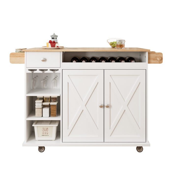 Kitchen Island Cart with Solid Wood Top, Wine Storage, Spice Rack, Towel Rack and Wine Glass Holder - Image 15