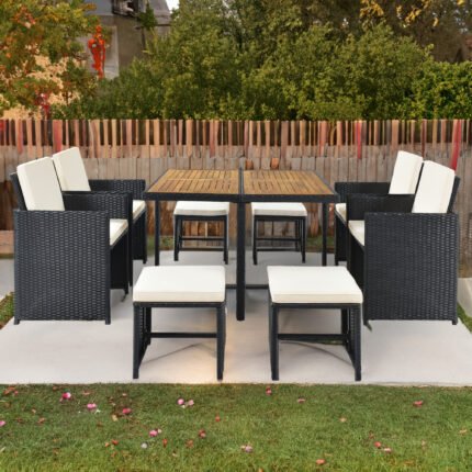 Patio All-Weather PE Wicker Dining Table Set with Wood Tabletop