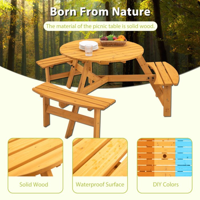 6-Person Circular Outdoor Wooden Picnic Table for Patio - Image 5