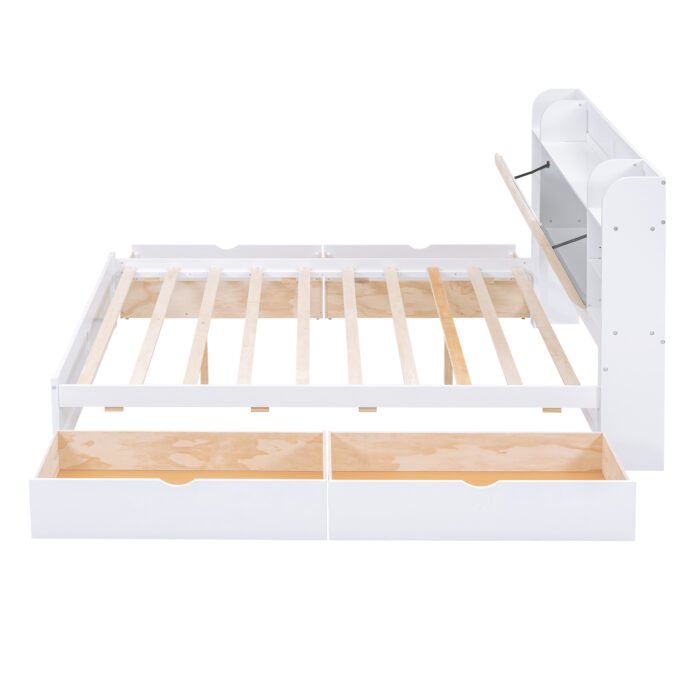 Wood Queen Size Platform Bed with Storage Headboard  Shelves and 4 Drawers  White - Image 7