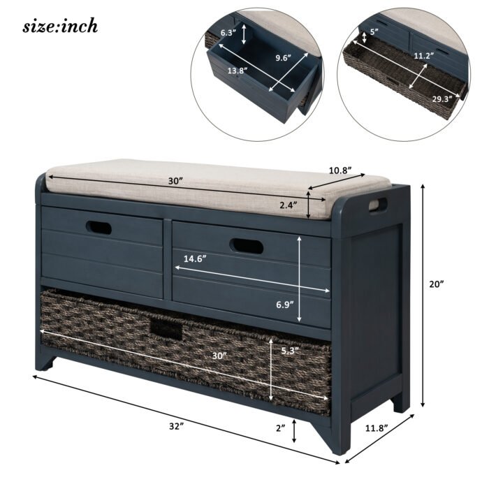 Storage Bench with Cushion, Removable Basket and 2 Drawers - Image 10