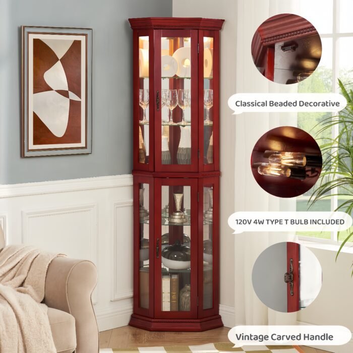 Corner Curio cabinet with illuminated tempered glass and adjustable brackets - Image 6