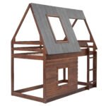 Wood Twin Size House Bunk Bed with Roof, Ladder and 2 Windows - Image 7