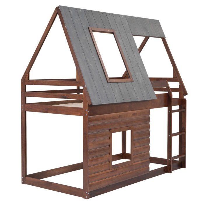 Wood Twin Size House Bunk Bed with Roof, Ladder and 2 Windows - Image 7