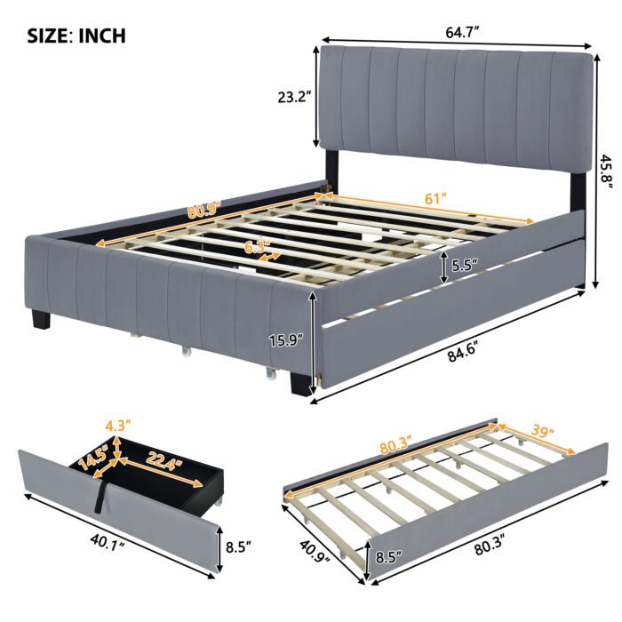 Queen Size Velvet Platform Bed with 2 Drawers and 1 Twin XL Trundle - Image 5