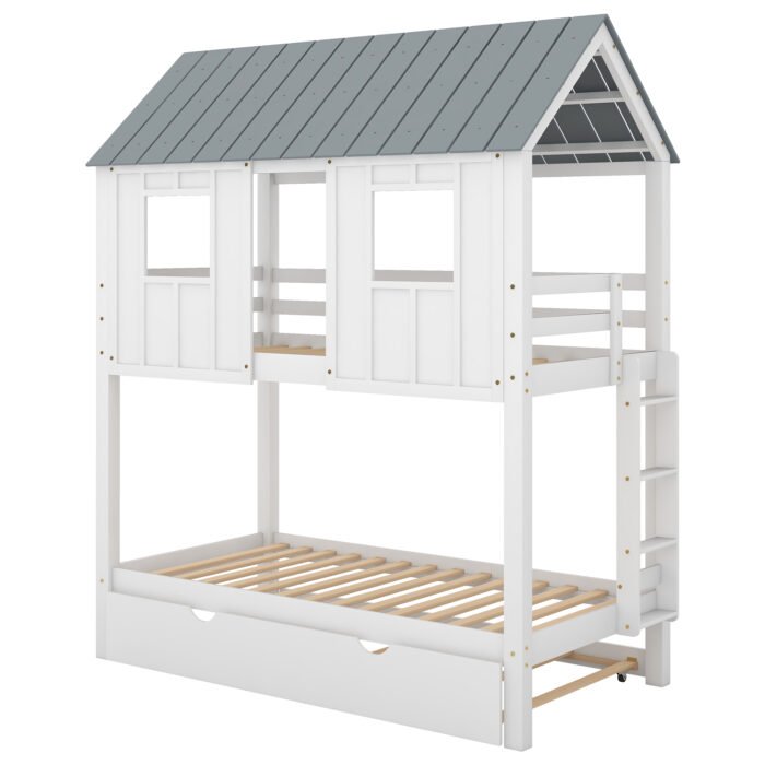 House Bunk Bed with Trundle with Roof and Windows White - Image 6