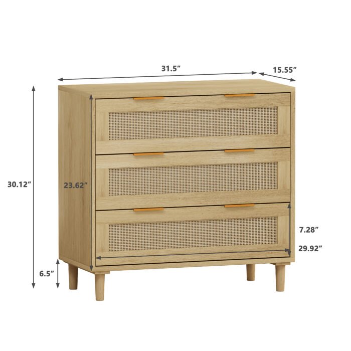Rattan Oak Drawer Cabinet with 3 drawers (Set of 2) - Image 7